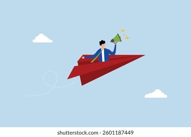 Communication, entrepreneur with origami plane yelling or proclaiming message through megaphone. 