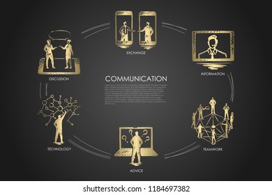 Communication - exchange, information, teamwork, advice, technologyconcept. Hand drawn isolated vector.