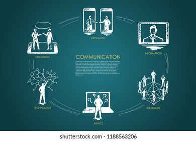 Communication - exchange, information, teamwork, advice, technologyconcept. Hand drawn isolated vector.
