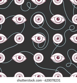 Communication and eyes. Seamless pattern dark. Concept creativity illustration internet network for young people, Social media. Vector. Gray background.