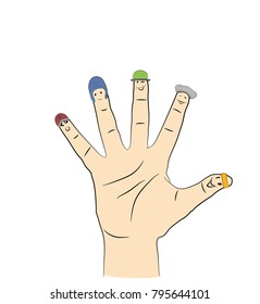 communication, family, people and body parts concept. showing fingers with different facial expressions. vector illustration