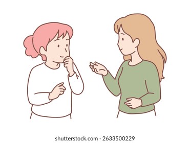 Communication, feeling doubt. Two  women standing communicating chatting one on them feeling doubt. Hand drawn style vector design illustrations.