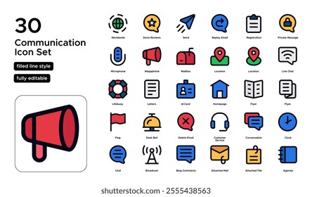 Communication Filled Line Icon Set: Messaging, Calls, and Connection Tools Icons