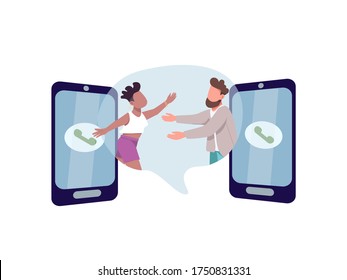 Communication flat concept vector illustration. Man and woman want to hug. Multi racial couple. Family 2D cartoon characters for web design. Connection through phone call creative idea