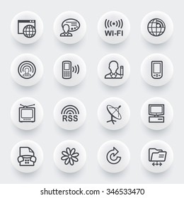 Communication flat contour icons on white buttons.