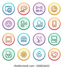 Communication flat contour icons on color stickers.