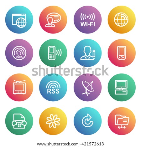 Communication flat contour icons on color stickers.