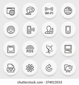 Communication flat contour icons with white buttons on gray background.