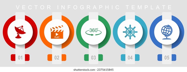 Communication flat design icon set, miscellaneous icons such as satellite antenna, cinema, 360 degree, ship wheel and globe, vector infographic template, web buttons collection