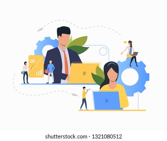 Communication flat icon. Department leaders, laptop, presentation, gear. Teamwork concept. Can be used for topics like leadership, unit, business, analysis