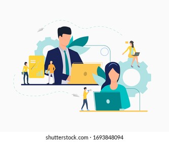 Communication flat icon. Department leaders, laptop, presentation, gear. Teamwork concept. Can be used for topics like leadership, unit, business, analysis