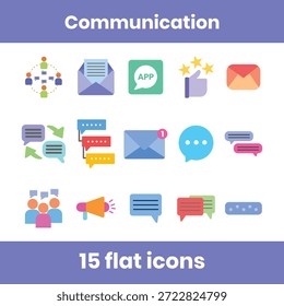 Kommunikations-Flachsymbol-Set mit Chat, Chat-Blase, Nachricht, Textnachricht, Konversation, Kommentar, Antwort, Feedback, Diskussion, Ankündigung, Gruppenunterhaltung, Messaging-App, Tipp-Indikator, Nachricht lesen und ungelesene Nachricht. Reinigen Sie moderne Vektorsymbole, die perfekt für mobile Apps, Websites, Dashboards, UI-UX-Design, Social-Media-Plattformen, Kundensupport-Schnittstellen und digitale Kommunikationsprojekte geeignet sind.