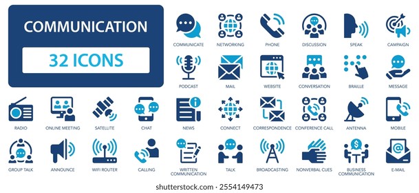 Communication flat icons collection. Chat, speak, news, website, phone, mail, diversion, book, satellite, radio sign set.