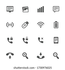 Communication flat icons in gray. Set of 16 pieces.