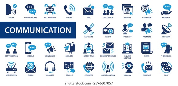 Communication flat icons set. Dialogue, speak, mail, contact, chatting, message, website, speech bubble icons and more signs. Flat icon collection.