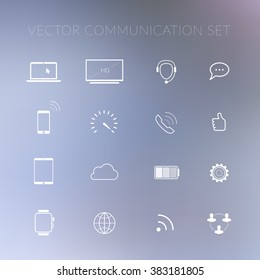 Communication flat icons set - laptop, TV, smartphone, speedometer, phone, like, tablet, cloud, battery, gear, smart watch with blurred background. Vector Illustration.