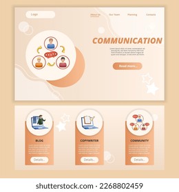Communication flat landing page website template. Blog, copywriter, community. Web banner with header, content and footer. Vector illustration.