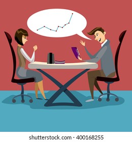  Communication Flat Vector Illustration. Businessman and businesswoman are discussing in office,  They are talking about an important rising graphic. Business, office. conversation
