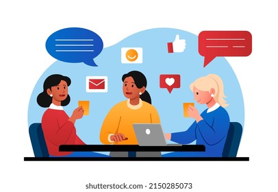 Communication with friends and relationships concept. Smiling girls sitting at table in cafe, talking, drinking coffee and working. Characters share news and relax. Cartoon flat vector illustration