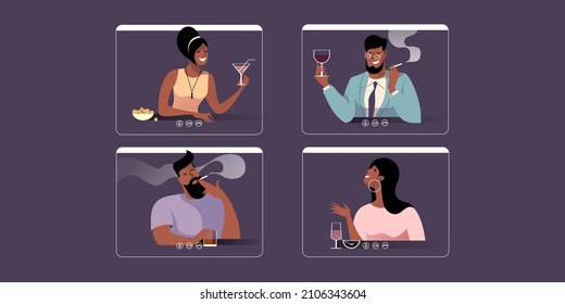 Communication with friends via mobile video chat application under in Self-isolation quarantine conditions. Vector illustration for landing page mockup or flat design advertising banner.