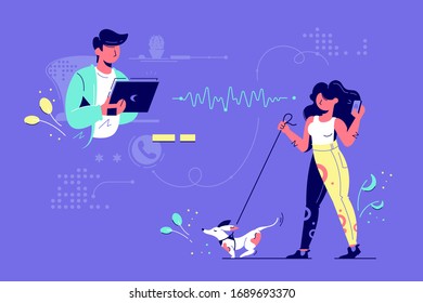 Communication with friends via modern gadget vector illustration. Woman walking dog and talking on phone. Man using tablet for chatting flat style concept