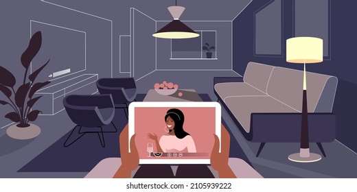 Communication with friends via social networks in quarantine conditions. Vector illustration for landing page mockup or flat design advertising banner.