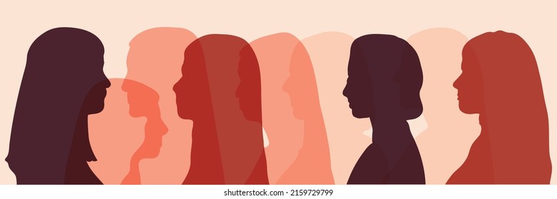 Communication and friendship between women or girls of diverse cultures. Silhouette group of multiethnic women who talk and share ideas and information. Women social network community.