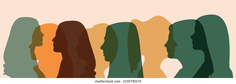 Communication and friendship between women or girls of diverse cultures. Silhouette group of multiethnic women who talk and share ideas and information. Women social network community.
