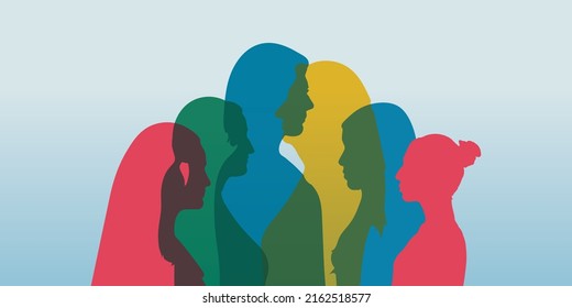 Communication and friendship between women or girls of diverse cultures. Silhouette group of multiethnic women who talk and share ideas and information. Women social network community.
