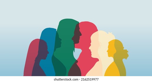 Communication and friendship between women or girls of diverse cultures. Silhouette group of multiethnic women who talk and share ideas and information. Women social network community.