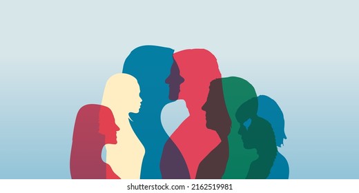 Communication and friendship between women or girls of diverse cultures. Silhouette group of multiethnic women who talk and share ideas and information. Women social network community.