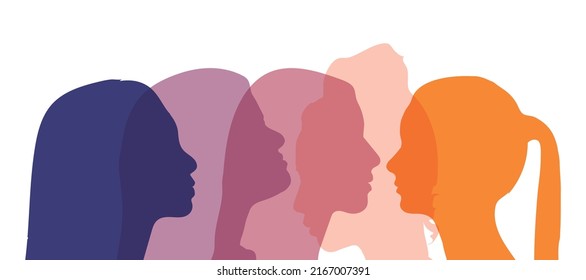 Communication and friendship between women or girls of diverse cultures. Silhouette group of multiethnic women who talk and share ideas and information. Women social network community.global, culture,