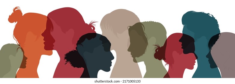 Communication and friendship between women or girls of diverse cultures. Silhouette group of multiethnic women who talk and share ideas and information. Women social network community.