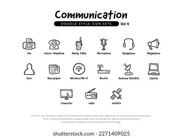 communication and gadget icon set in doodle style drawing include fax, telephone, handy talkie, microphone, headphone, megaphone, radio, satellite and more