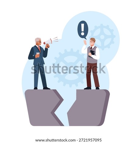 Communication gap. Information exchange, employees cant agree, message error, business conflict and escalation, barrier dialogue, manager man hold megaphone, vector cartoon flat style isolated concept