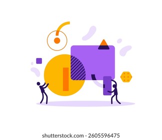 Communication with geometric shapes of line people isolated on white background. Abstract characters interaction concept flat vector illustration. Thoughts and ideas exchange color composition