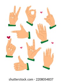 Communication with gestures - set of flat design style illustrations isolated on white background. A collection with palms and fingers expressing greeting, love, peace, indicating direction, thumb up