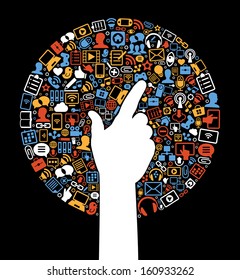 Comunicación en las redes informáticas globales. La silueta de las manos de un hombre rodeaba los iconos de la interfaz. Antecedentes en los medios sociales en forma de árbol