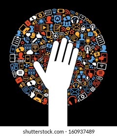Communication in the global computer networks. Silhouette of a man's hands surrounded interface icons. Social media background in the form of a tree