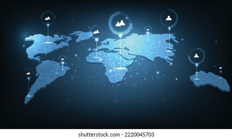 Comunicación y concepto de conexión inalámbrica a internet de alta velocidad global.Comunicación de redes sociales y conexiones de red con un fondo azul oscuro futurista.