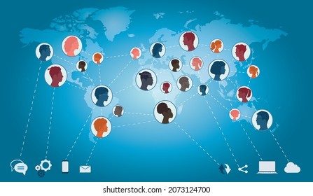 Communication global networking concept.Group of business people or friends who are connected in the network. Various international people connected online.World map on blue background