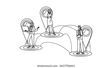 communication global virtual team vector. technology diversity, productivity leadership, flexibility innovation communication global virtual team. people black line pencil drawing illustration