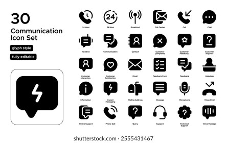 Communication Glyph Icon Set: Messaging, Voice Calls, and Information Exchange Icons