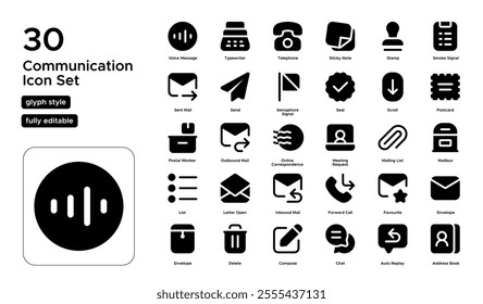 Communication Glyph Icon Set: Postal Correspondence, Delivery Notices, and Messaging Icons