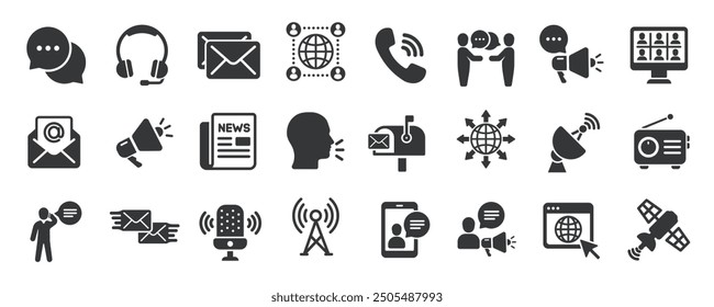 Communication glyph solid icons collection. Containing content mail, contact, phone, discussion, message. Minimal icon and symbol series vector illustration