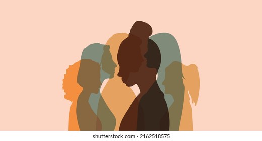 Communication group of multicultural diversity women and girls - face silhouette profile. Racial equality and Friendship. Colleagues and Speak. Female social network community of diverse culture.