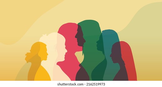 Communication group of multicultural diversity women and girls - face silhouette profile. Racial equality and Friendship. Colleagues and Speak. Female social network community of diverse culture. - Shutterstock ID 2162519973