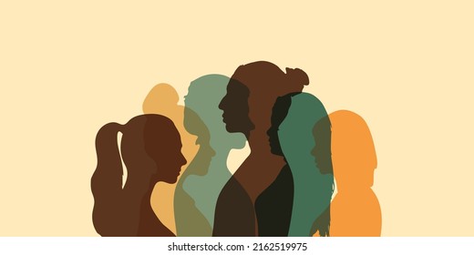 Communication group of multicultural diversity women and girls - face silhouette profile. Racial equality and Friendship. Colleagues and Speak. Female social network community of diverse culture.