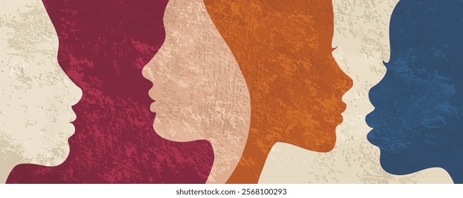 Communication group of multicultural diversity women and girls - face silhouette. Female social network community. Racial equality.Friendship. Colleagues. Women s day