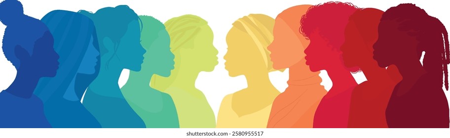 Communication group of multicultural women. face silhouette profile. Female social network community of diverse culture. Equality - Inclusion - Empowerment Colleagues. Rainbow colors